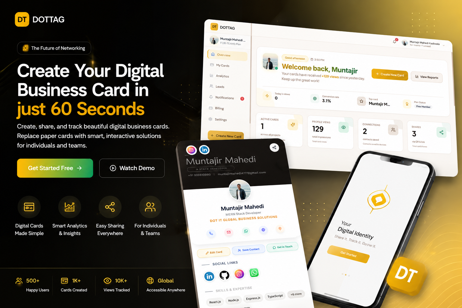 DOTTAG digital business card platform interface - Mobile-responsive networking SaaS project